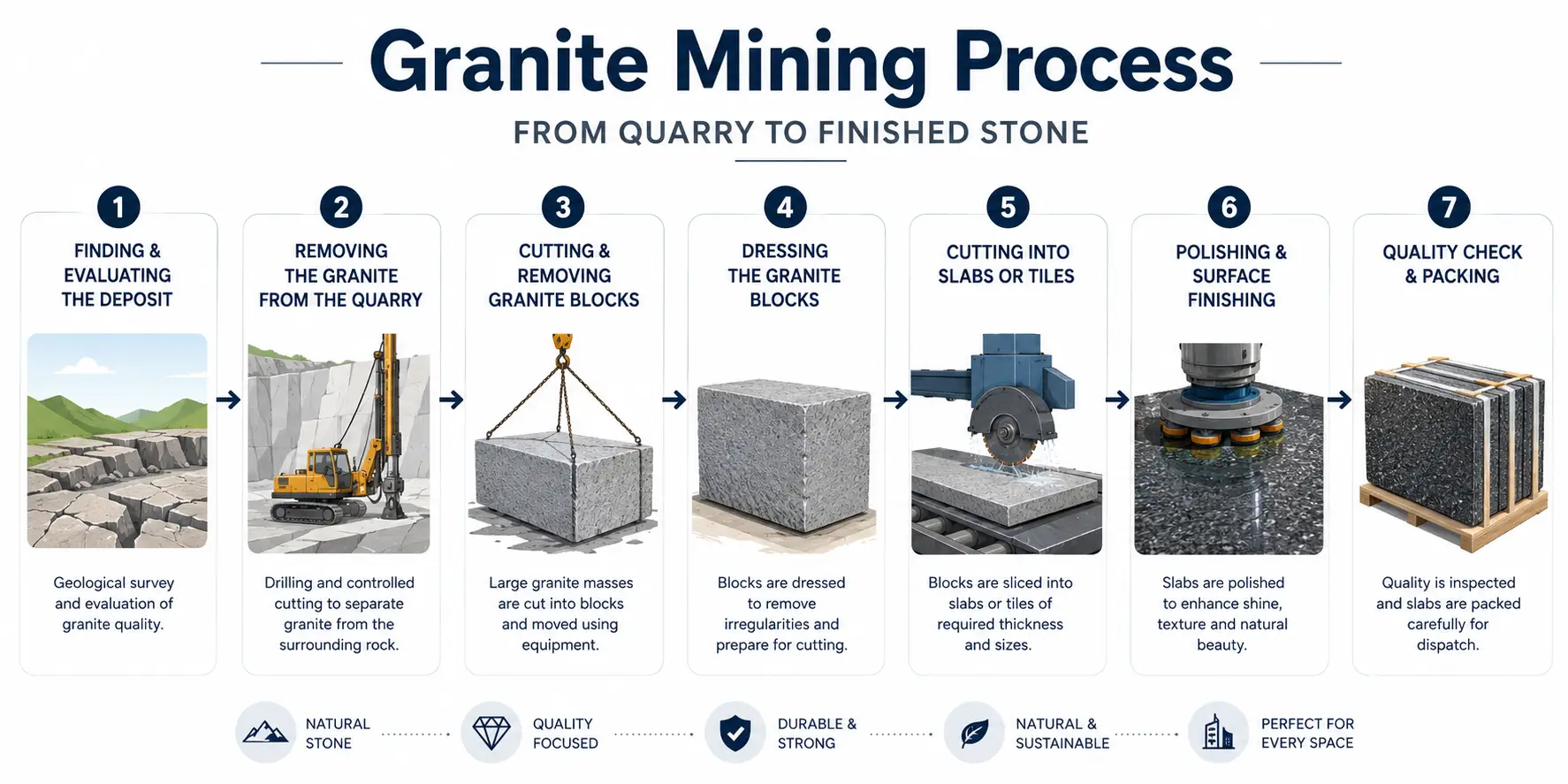 Granite mining process from quarry to finished stone