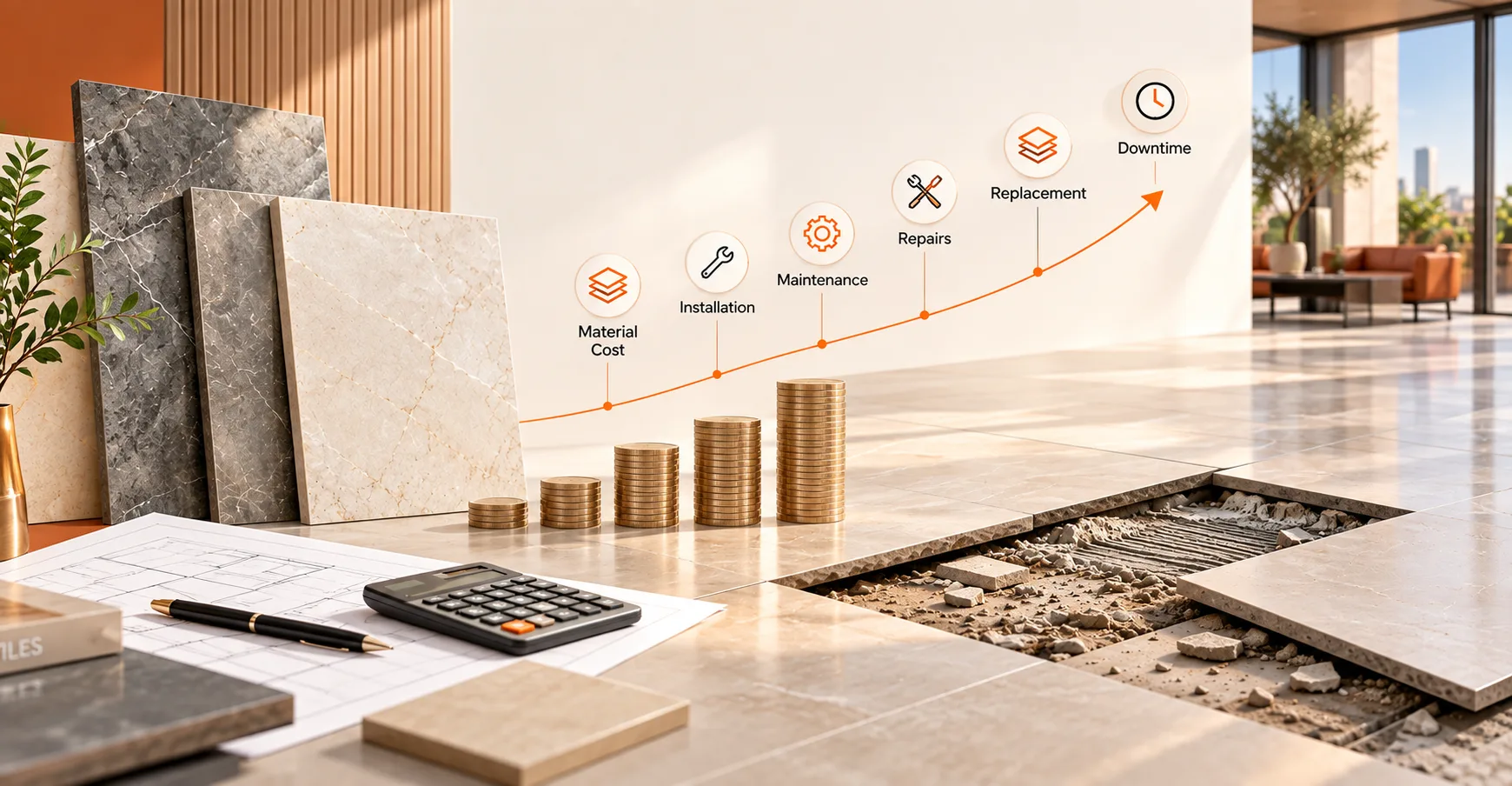 Project owner comparing tile replacement costs and full body tiles for commercial flooring